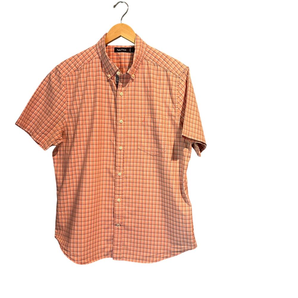 Nautica Size large Plaid short sleeved shirt peach blue button down classic